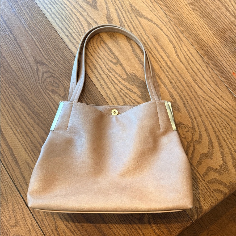 Madison West Classic Tan Shoulder Purse w/ Metal Accents